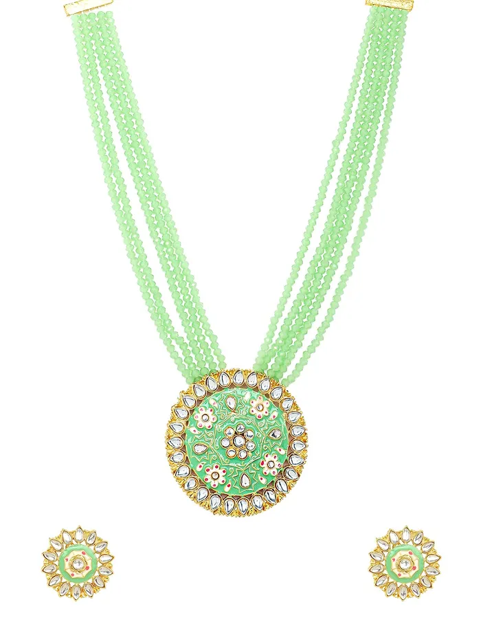 Necklaces Yellow Chimes Yellow Chimes Kundan Jewellery Set for Women Traditional Green Beads Meenakari Worked Gold Plated Long Necklace Set for Women and Girls