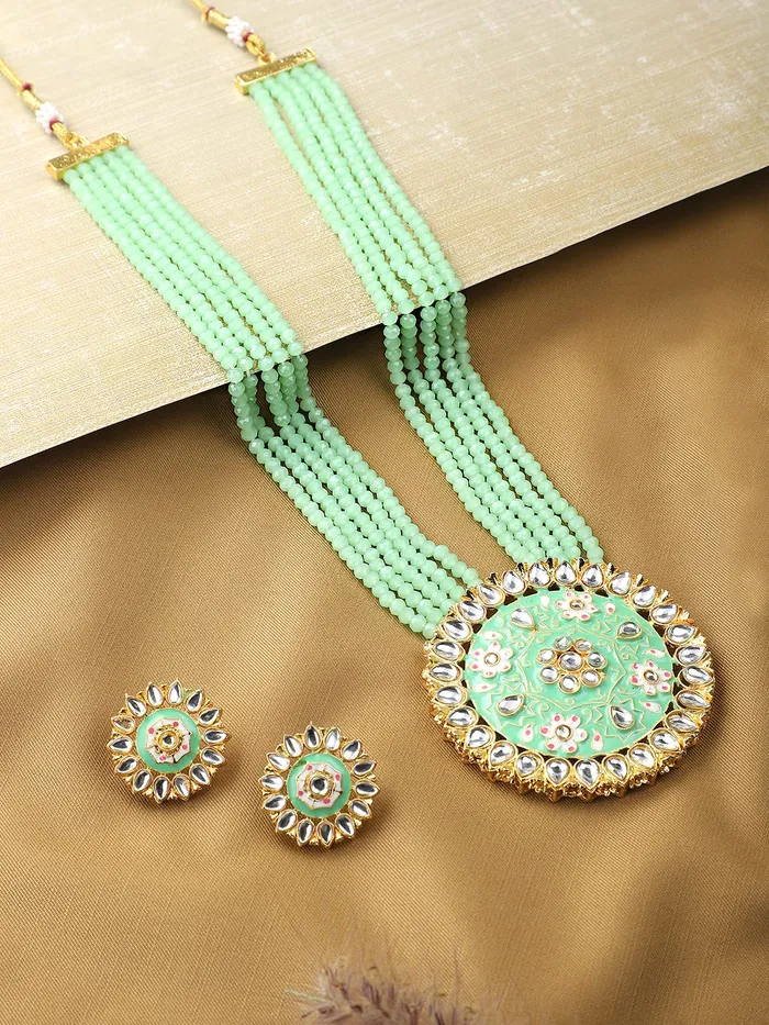 Necklaces Yellow Chimes Yellow Chimes Kundan Jewellery Set for Women Traditional Green Beads Meenakari Worked Gold Plated Long Necklace Set for Women and Girls