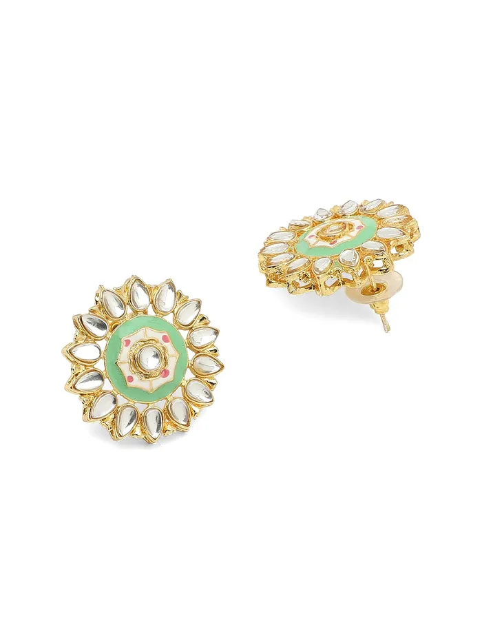 Necklaces Yellow Chimes Yellow Chimes Kundan Jewellery Set for Women Traditional Green Beads Meenakari Worked Gold Plated Long Necklace Set for Women and Girls