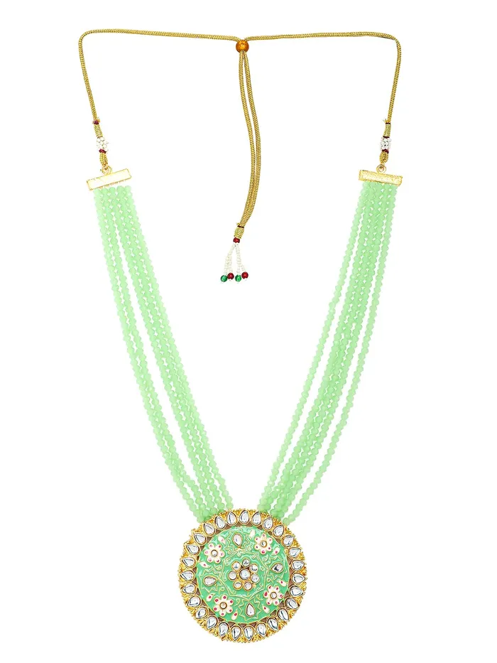 Necklaces Yellow Chimes Yellow Chimes Kundan Jewellery Set for Women Traditional Green Beads Meenakari Worked Gold Plated Long Necklace Set for Women and Girls