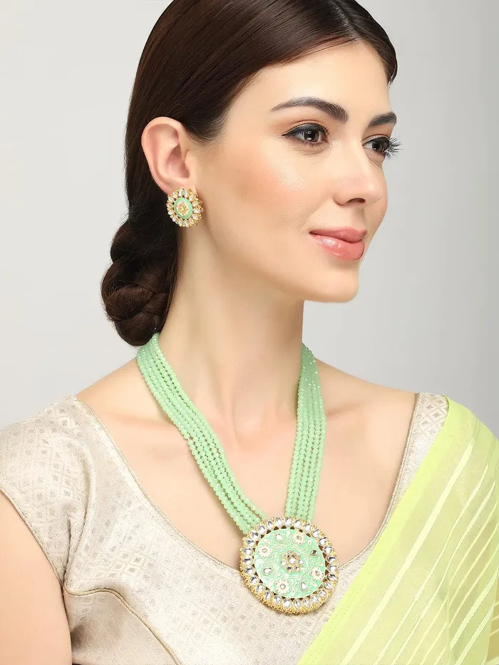 Necklaces Yellow Chimes Yellow Chimes Kundan Jewellery Set for Women Traditional Green Beads Meenakari Worked Gold Plated Long Necklace Set for Women and Girls