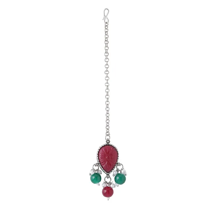 Necklaces Yellow Chimes Yellow Chimes Mystic Grooves Collection Maangtikka for Women Silver Oxidised Red Stone Studded Floral Designed Beads Drop Designed Maanngtikka for Women and Girls