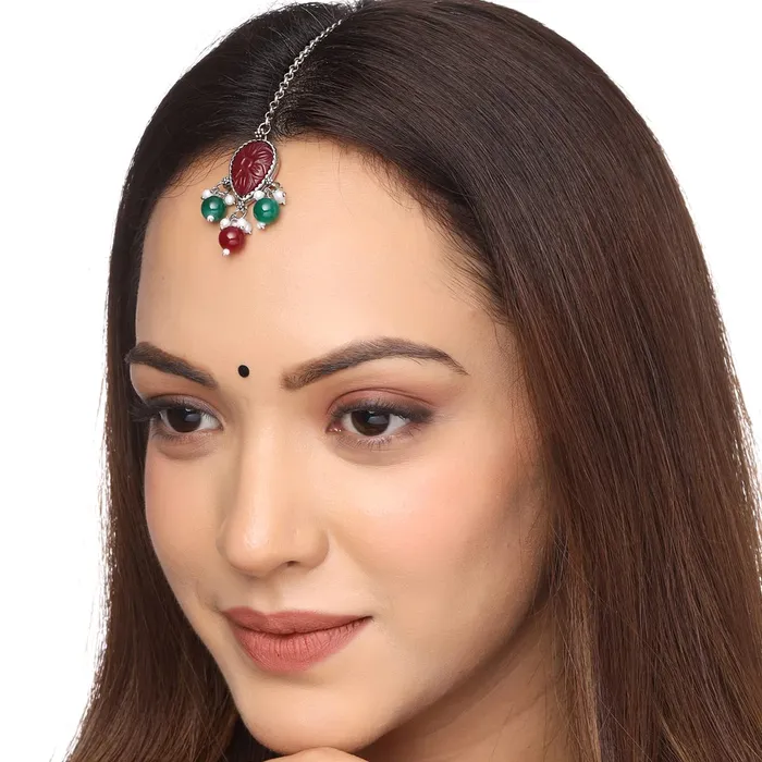 Necklaces Yellow Chimes Yellow Chimes Mystic Grooves Collection Maangtikka for Women Silver Oxidised Red Stone Studded Floral Designed Beads Drop Designed Maanngtikka for Women and Girls