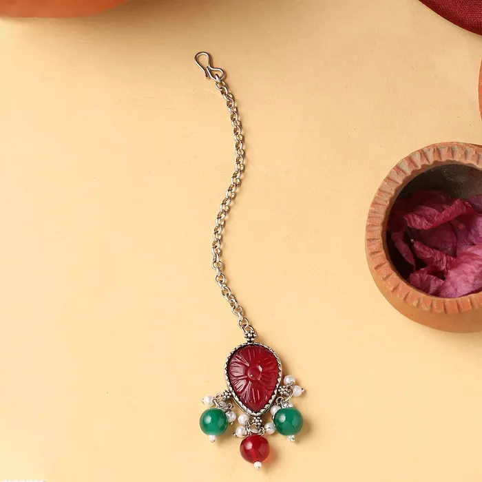 Necklaces Yellow Chimes Yellow Chimes Mystic Grooves Collection Maangtikka for Women Silver Oxidised Red Stone Studded Floral Designed Beads Drop Designed Maanngtikka for Women and Girls