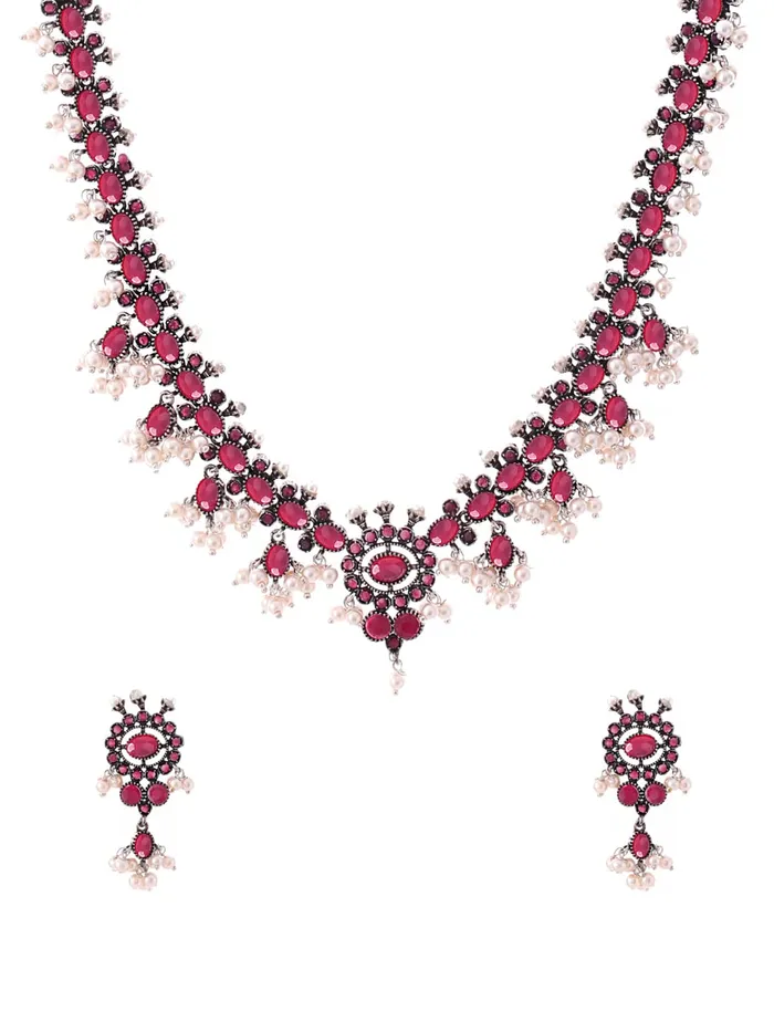Necklaces Yellow Chimes Yellow Chimes Oxidised Jewellery Set for Women Silver Oxidised Pink Studded Stones Choker Necklace Set for Women and Girls Necklaces Yellow Chimes Yellow Chimes Oxidised Jewellery Set for Women Silver Oxidised Pink Studded Stones Choker Necklace Set for Women and Girls