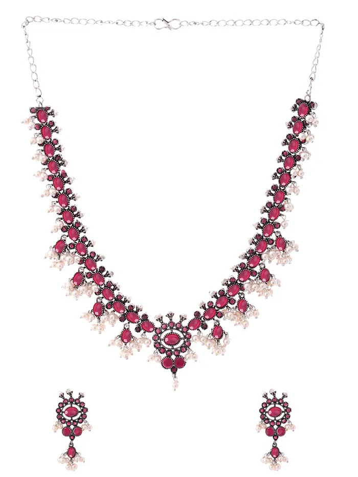 Necklaces Yellow Chimes Yellow Chimes Oxidised Jewellery Set for Women Silver Oxidised Pink Studded Stones Choker Necklace Set for Women and Girls