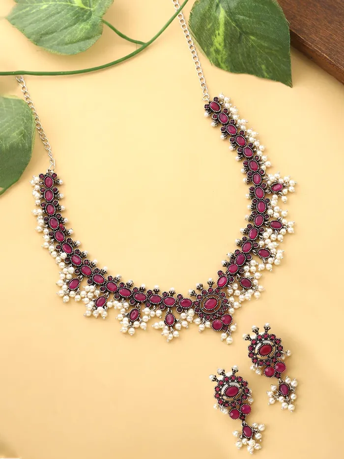 Necklaces Yellow Chimes Yellow Chimes Oxidised Jewellery Set for Women Silver Oxidised Pink Studded Stones Choker Necklace Set for Women and Girls