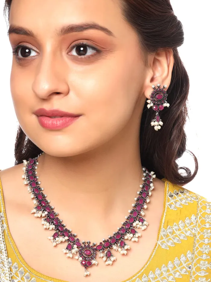 Necklaces Yellow Chimes Yellow Chimes Oxidised Jewellery Set for Women Silver Oxidised Pink Studded Stones Choker Necklace Set for Women and Girls