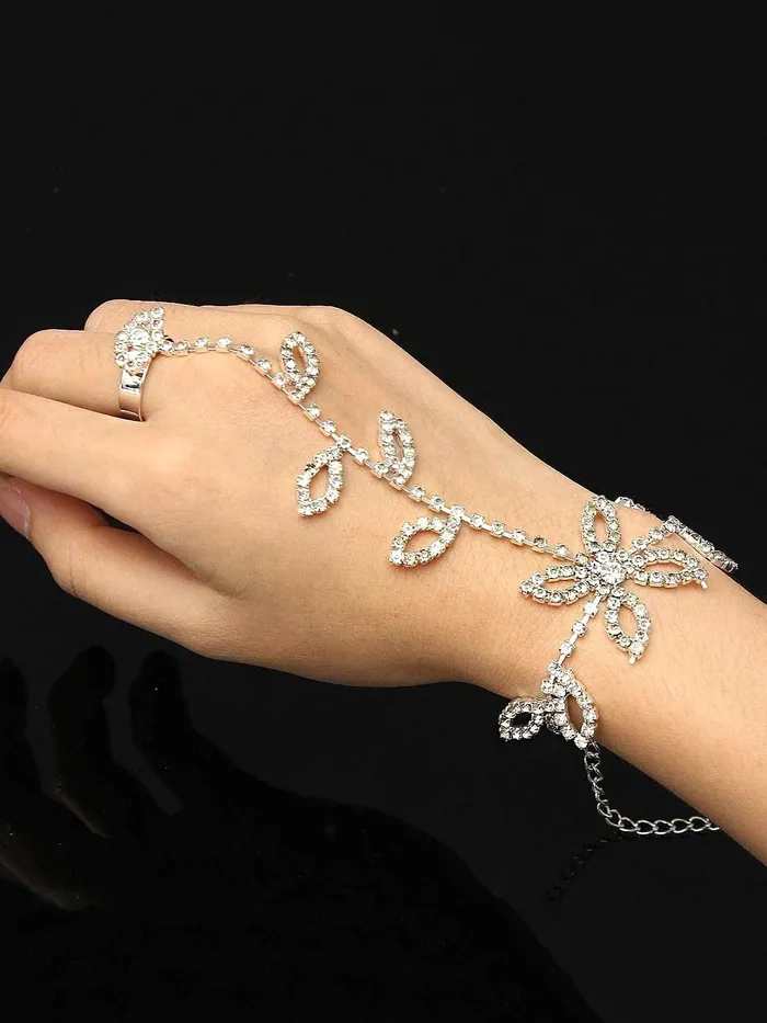 Necklaces Yellow Chimes Yellow Chimes Ring Bracelet for Women and Girls Bracelet With Ring for Girls Silver Toned Leaf Designed Ring Bracelet Birthday Gift For Girls and Women