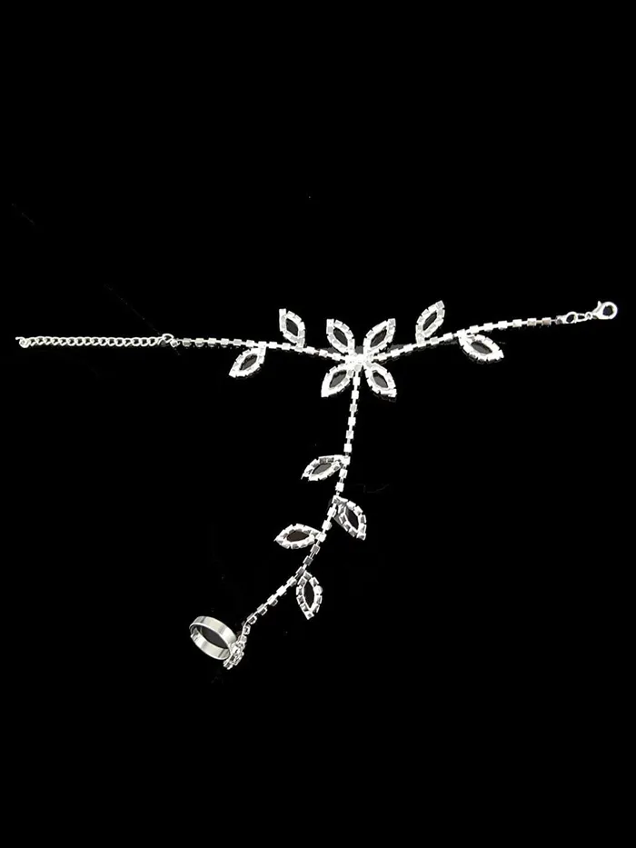 Necklaces Yellow Chimes Yellow Chimes Ring Bracelet for Women and Girls Bracelet With Ring for Girls Silver Toned Leaf Designed Ring Bracelet Birthday Gift For Girls and Women
