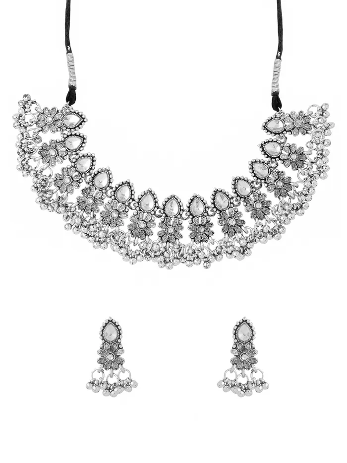 Oxidised Silver Jewellery Set Elegant Choker with Drawstring Clasp One Size Silver Yellow Chimes Rings Oxidised Silver Jewellery Set Elegant Choker with Drawstring Clasp One Size Silver Yellow Chimes Rings