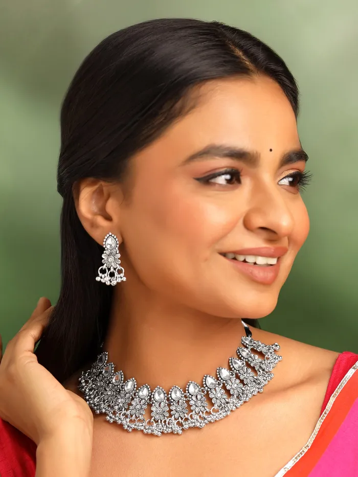 Oxidised Silver Jewellery Set Elegant Choker with Drawstring Clasp One Size Silver Yellow Chimes Rings