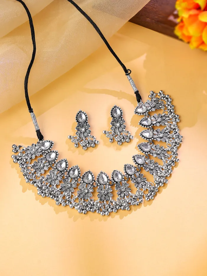 Oxidised Silver Jewellery Set Elegant Choker with Drawstring Clasp One Size Silver Yellow Chimes Rings