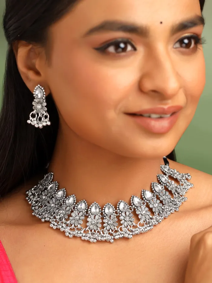 Oxidised Silver Jewellery Set Elegant Choker with Drawstring Clasp One Size Silver Yellow Chimes Rings