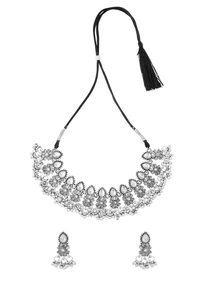 Oxidised Silver Jewellery Set Elegant Choker with Drawstring Clasp One Size Silver Yellow Chimes Rings