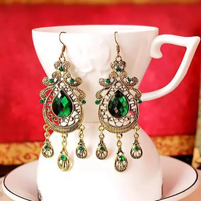 PreStyled Sets Yellow Chimes Yellow Chimes Designer Ethnic Green Crystal Oxidized Gold Plated Chandbali Dangle Earrings For Women and Girls