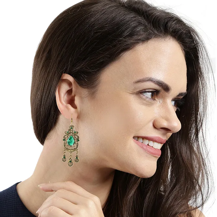 PreStyled Sets Yellow Chimes Yellow Chimes Designer Ethnic Green Crystal Oxidized Gold Plated Chandbali Dangle Earrings For Women and Girls