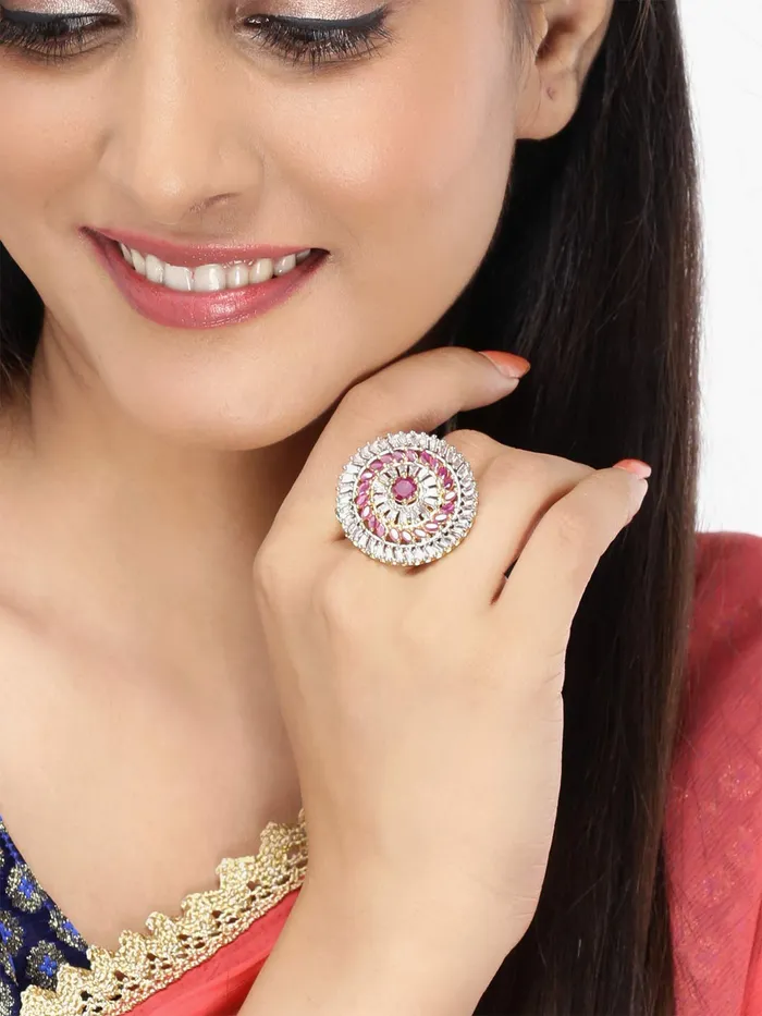 PreStyled Sets Yellow Chimes Yellow Chimes Elagant Sparkling Pink ADAmerican Diamond Studded 18K Gold Plated Ethnic Traditional Designer Adjustable Rings for Women and Girls