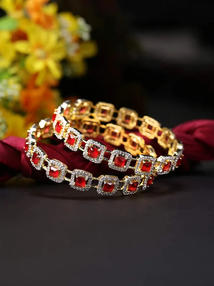 PreStyled Sets Yellow Chimes Yellow Chimes Elegant Set of 2 Pcs Pink ADAmerican Diamond Studded 18k Gold Plated Handcrafted Ruby Bangles for Women Girls 24