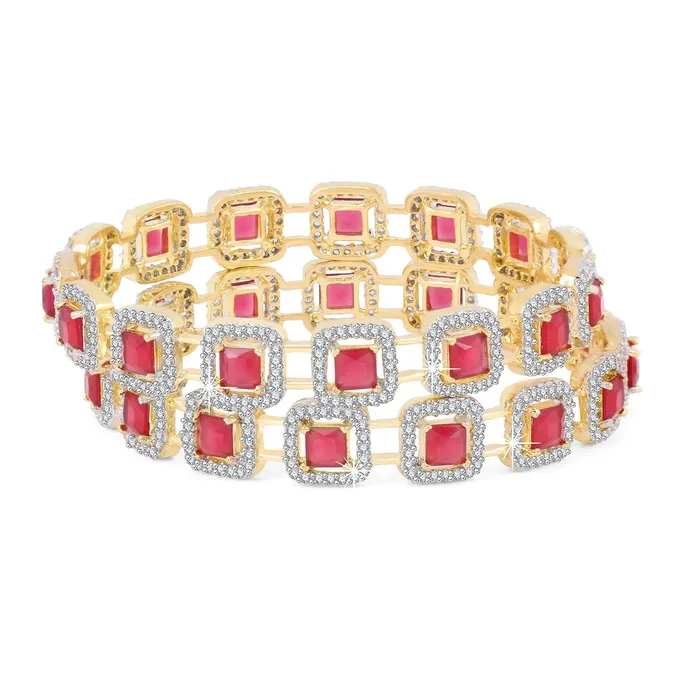 PreStyled Sets Yellow Chimes Yellow Chimes Elegant Set of 2 Pcs Pink ADAmerican Diamond Studded 18k Gold Plated Handcrafted Ruby Bangles for Women Girls 24