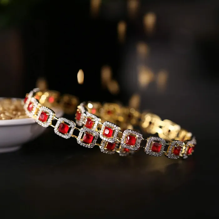 PreStyled Sets Yellow Chimes Yellow Chimes Elegant Set of 2 Pcs Pink ADAmerican Diamond Studded 18k Gold Plated Handcrafted Ruby Bangles for Women Girls 24