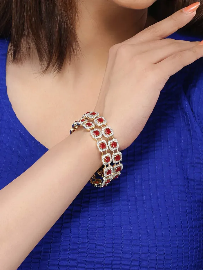PreStyled Sets Yellow Chimes Yellow Chimes Elegant Set of 2 Pcs Pink ADAmerican Diamond Studded 18k Gold Plated Handcrafted Ruby Bangles for Women Girls 24