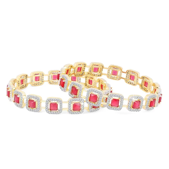 PreStyled Sets Yellow Chimes Yellow Chimes Elegant Set of 2 Pcs Pink ADAmerican Diamond Studded 18k Gold Plated Handcrafted Ruby Bangles for Women Girls 24