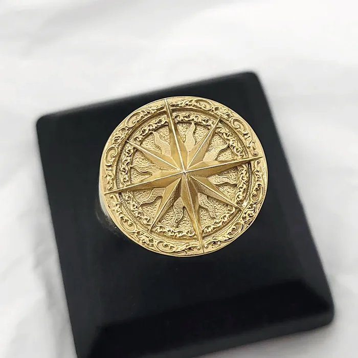 Rings 14k 18k gold mens circle compass ring 2 carre dor