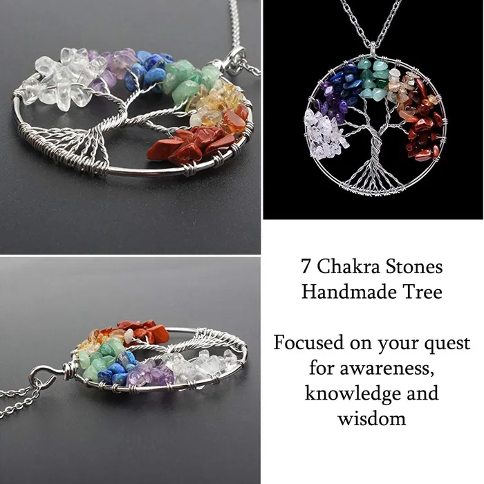 Rings Yellow Chimes Tree of Life 7 Chakra Stones Handmade Long Chain Pendant Necklace for Women and Girls Yellow Chimes