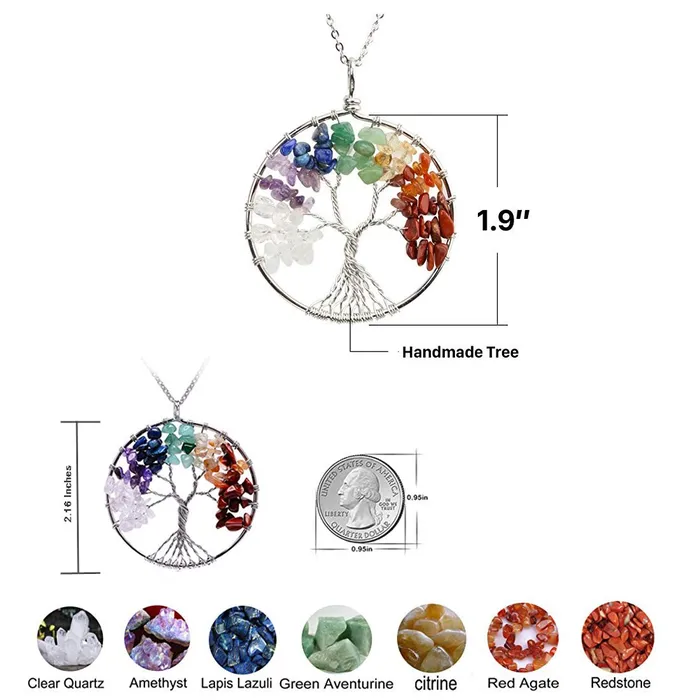 Rings Yellow Chimes Tree of Life 7 Chakra Stones Handmade Long Chain Pendant Necklace for Women and Girls Yellow Chimes