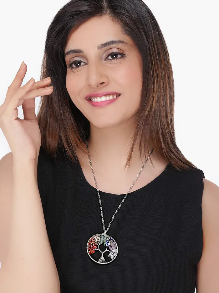 Rings Yellow Chimes Tree of Life 7 Chakra Stones Handmade Long Chain Pendant Necklace for Women and Girls Yellow Chimes