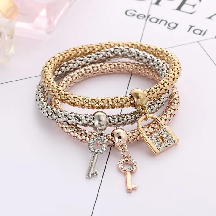 Rings Yellow Chimes Yellow Chimes Lock and Key Charm Set of 3 Bracelets For Women And Girls