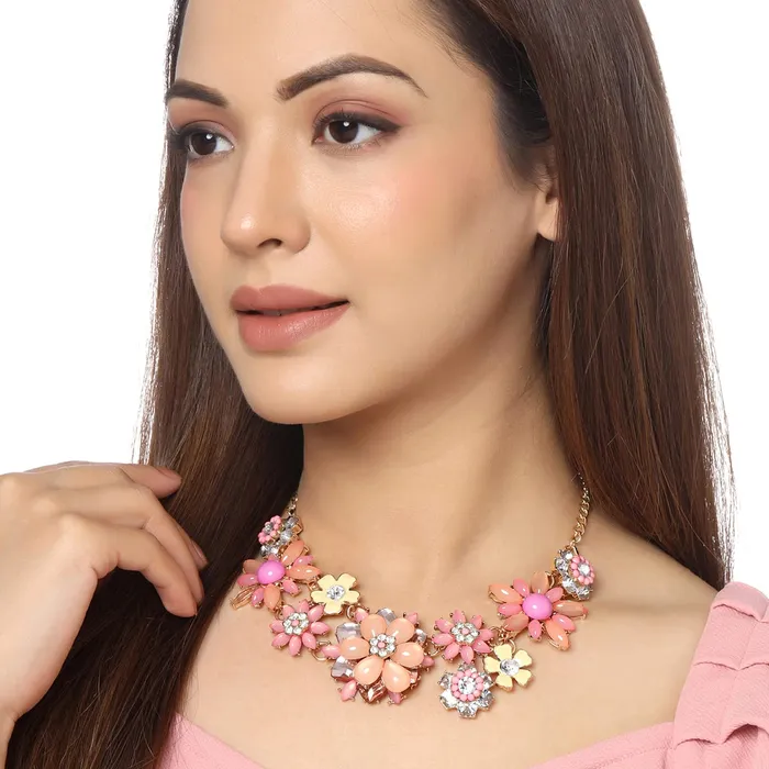 Rings Yellow Chimes Yellow Chimes Necklace For Women Gold Toned Pink color Floral Designed Crystal Necklace For Women and Girls