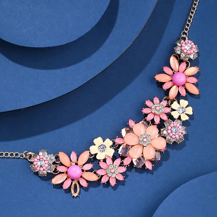 Rings Yellow Chimes Yellow Chimes Necklace For Women Gold Toned Pink color Floral Designed Crystal Necklace For Women and Girls