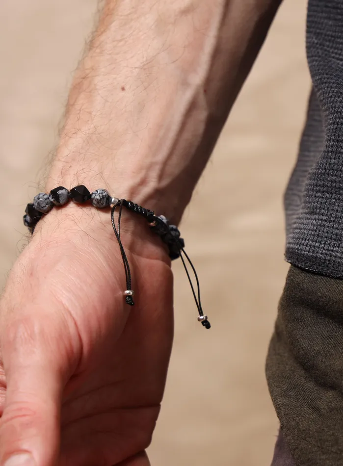 Snowflake Obsidian and Sterling Silver Mens Bead Bracelet WE ARE ALL SMITH Mens Jewelry Clothing Bracelets