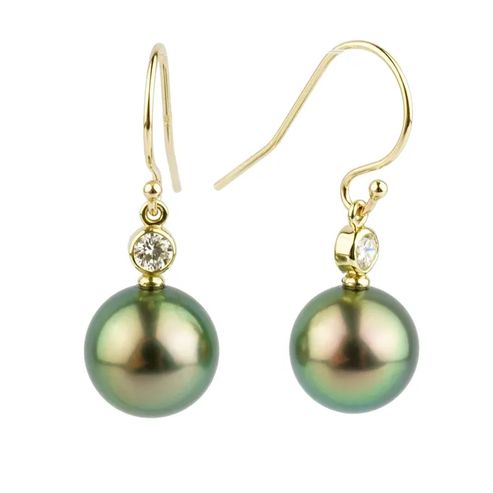 Tahitian Pearl Diamond Aurora French Hook Earrings on 14K Yellow Gold Kamoka Pearl Earrings Tahitian Pearl Diamond Aurora French Hook Earrings on 14K Yellow Gold Kamoka Pearl Earrings