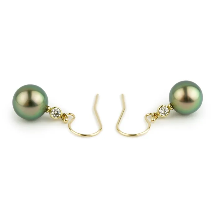 Tahitian Pearl Diamond Aurora French Hook Earrings on 14K Yellow Gold Kamoka Pearl Earrings