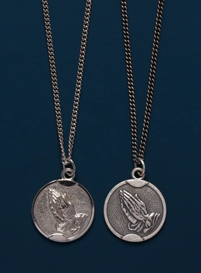 WE ARE ALL SMITH Necklaces Praying Hands Round Sterling Silver Medal Necklace WE ARE ALL SMITH Necklaces Praying Hands Round Sterling Silver Medal Necklace