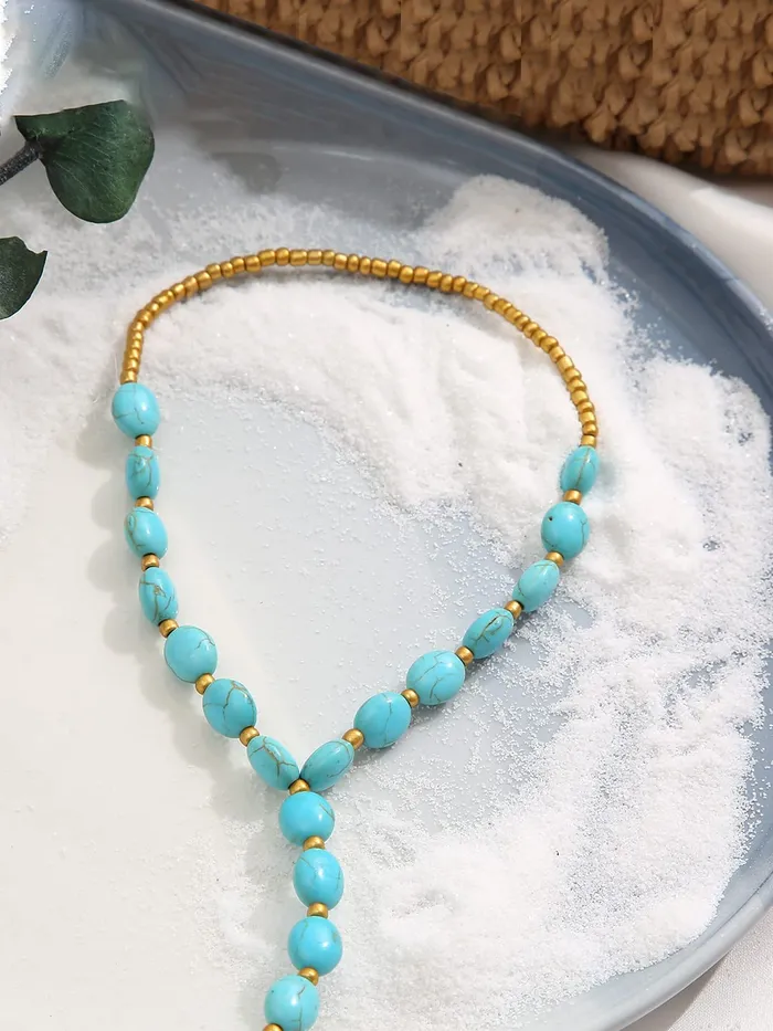 Yellow Chimes Anklets For Women Boho Blue Beaded Anklet With Toe Ring Summer Beach Foot Stone Jewellery For Women and Girls Yellow Chimes Necklaces