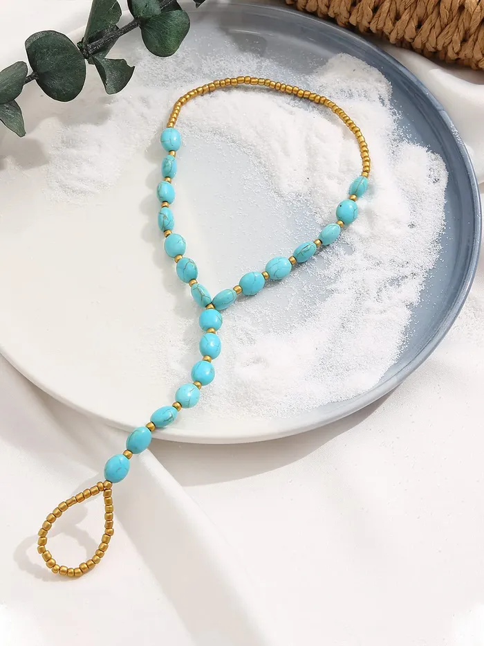Yellow Chimes Anklets For Women Boho Blue Beaded Anklet With Toe Ring Summer Beach Foot Stone Jewellery For Women and Girls Yellow Chimes Necklaces
