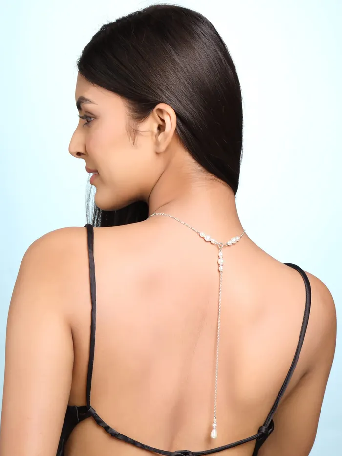 Yellow Chimes Back Necklace For Women Silver Tone Pearl Embellished Back Chain For Women and Girls Yellow Chimes Earrings