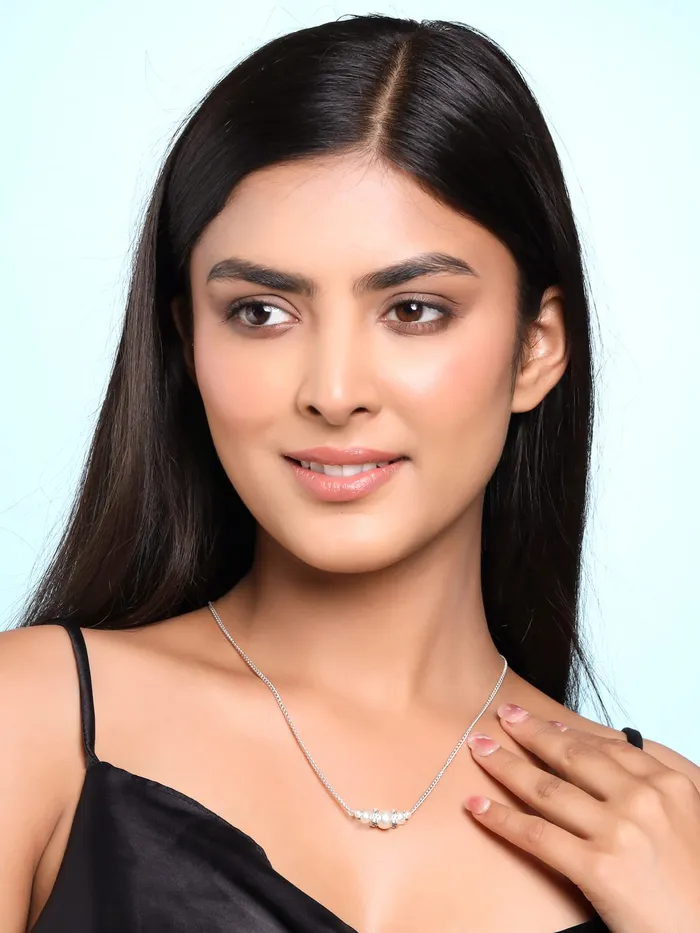 Yellow Chimes Back Necklace For Women Silver Tone Pearl Embellished Back Chain For Women and Girls Yellow Chimes Earrings