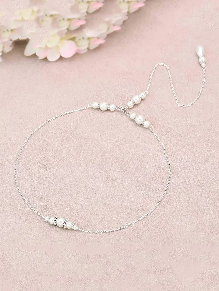 Yellow Chimes Back Necklace For Women Silver Tone Pearl Embellished Back Chain For Women and Girls Yellow Chimes Earrings