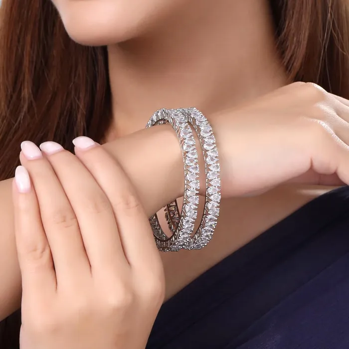 Yellow Chimes Bangles for Women and Girls American Diamond Bangles for women Silver Tone White AD Studded Bangles for girls Birthday Gift For girls and women Anniversary Gift for Wife Yellow Chimes Earrings