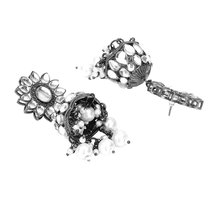 Yellow Chimes Black Gun Plated Flower Design Traditional Stone Jhumka Earrings for Women And Girls Medium Model Number YCTJER88STFLWJHWH Yellow Chimes Necklaces