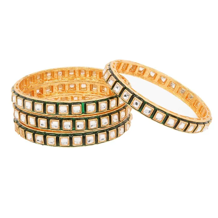 Yellow Chimes Bracelets Yellow Chimes Classic Design White Kundan Studded 4 PCs Traditional Gold Plated Bangles Set for Women and Girls 26