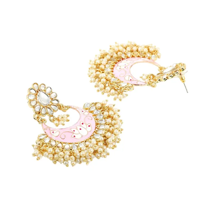 Yellow Chimes Chandbali Earrings for Women Ethnic Gold Plated Traditional Moti Beads Pink Meenakari Chand bali Earrings for Women and Girls Yellow Chimes Earrings