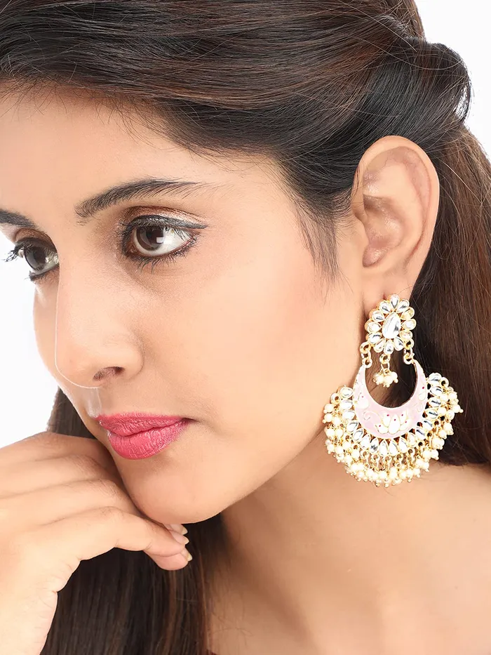 Yellow Chimes Chandbali Earrings for Women Ethnic Gold Plated Traditional Moti Beads Pink Meenakari Chand bali Earrings for Women and Girls Yellow Chimes Earrings