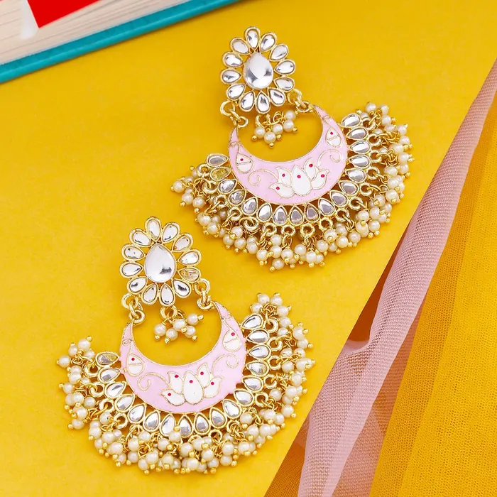 Yellow Chimes Chandbali Earrings for Women Ethnic Gold Plated Traditional Moti Beads Pink Meenakari Chand bali Earrings for Women and Girls Yellow Chimes Earrings
