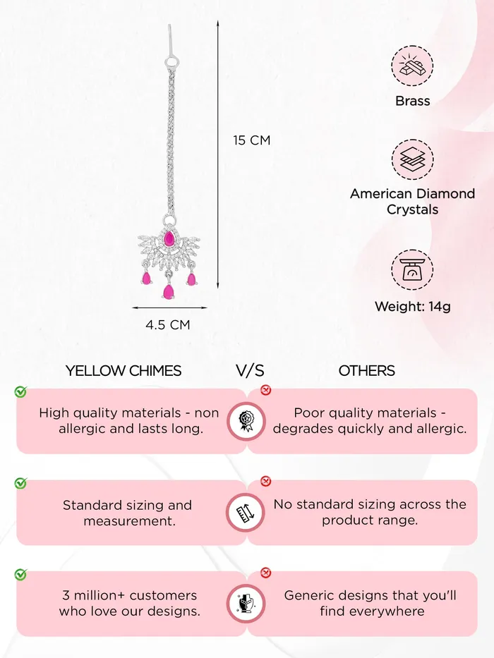 Yellow Chimes Earrings AD Maang Tikka Silver Plated American Diamond Traditional 15 cm Pink White